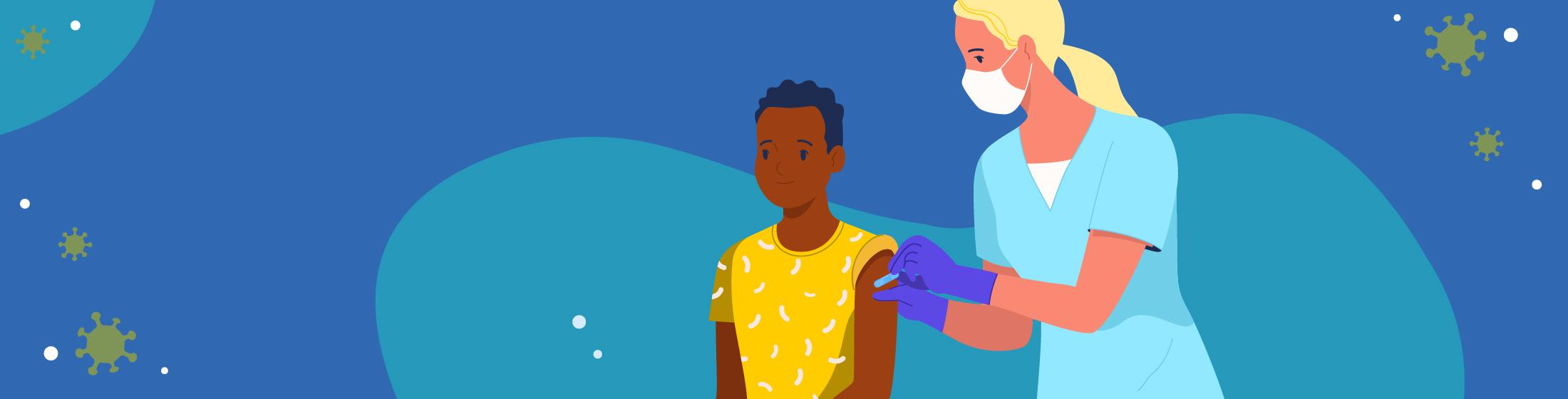 A health care worker places a bandage on a patient's upper arm