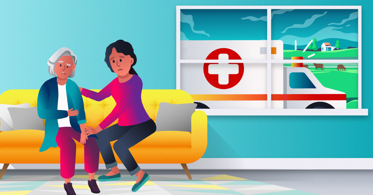 Older woman sitting on couch with younger woman touching her shoulder. If you suspect a stroke, call 911.