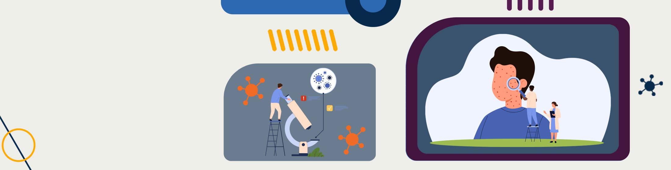 Illustrations of people using instruments to study disease.