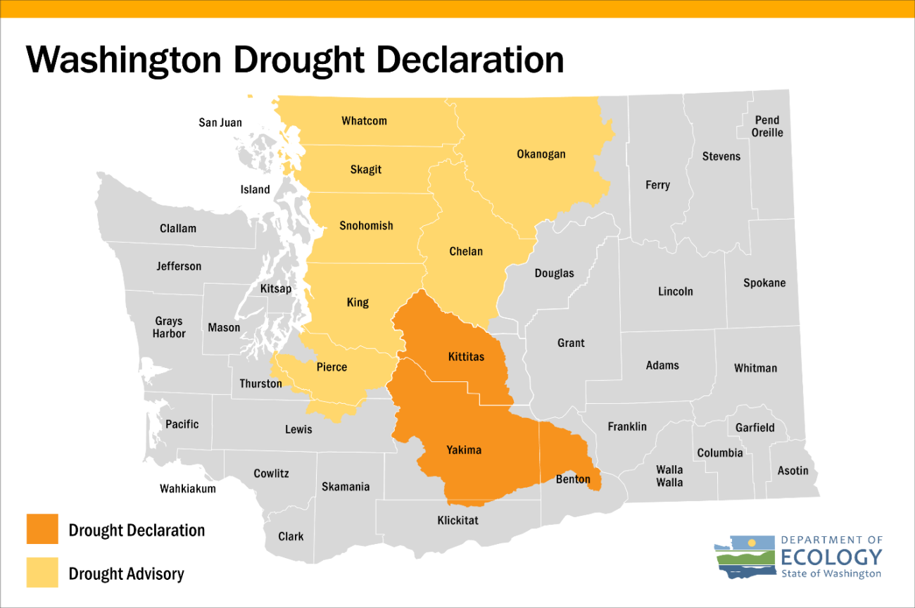 Drought map of Washington show affected counties.